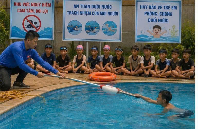 UBND xã Ea Ning và Ủy ban MTTQ Việt Nam xã phối hợp tổ chức tập huấn phòng, chống đuối nước và dạy bơi miễn phí cho trẻ em